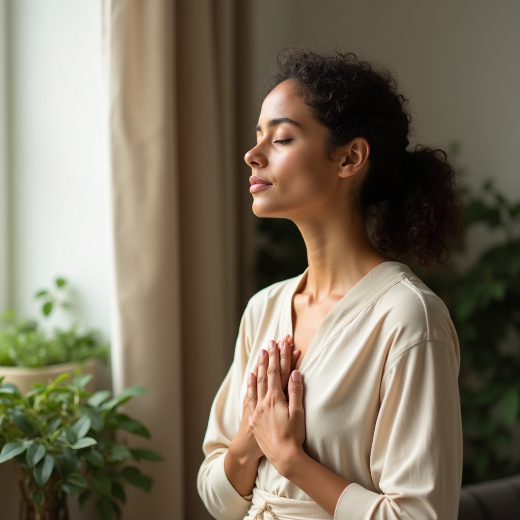 Person übt eine ruhige Atemübung am Fenster im Yogastudio