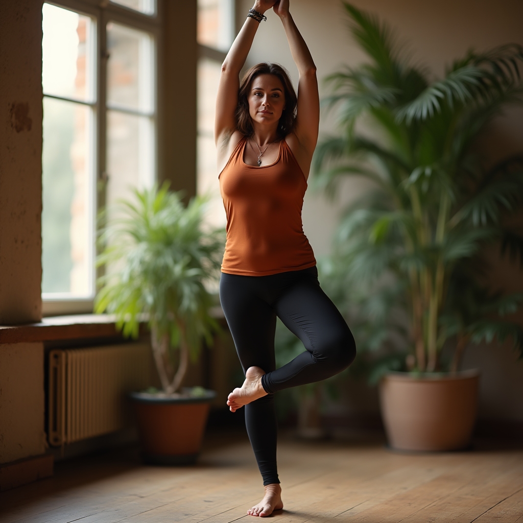 Teilnehmerin übt eine Balance-Haltung im Kurs für Gleichgewicht und Haltung