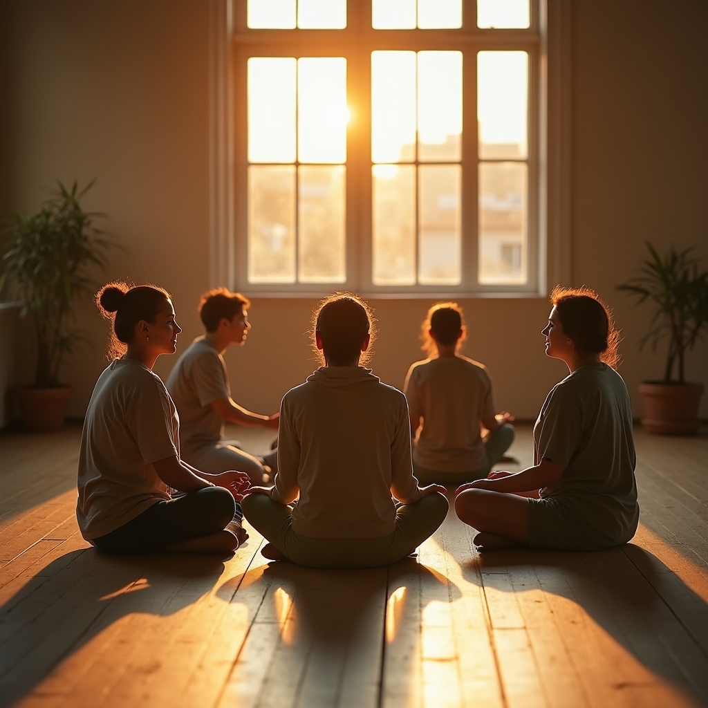 Ruhige Meditationsrunde im Abendlicht des Studios