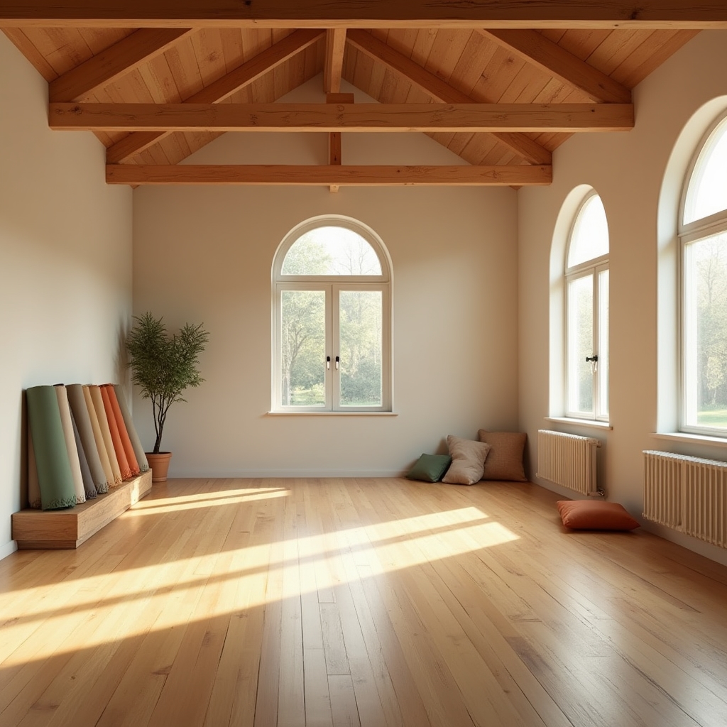 Heller Übungsraum des Kalmendo Studios mit Holzboden und weichem Licht